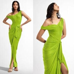 Deme by Gabriella | NWT Nellie Dress in Lime Green Draped One Shoulder Maxi S
